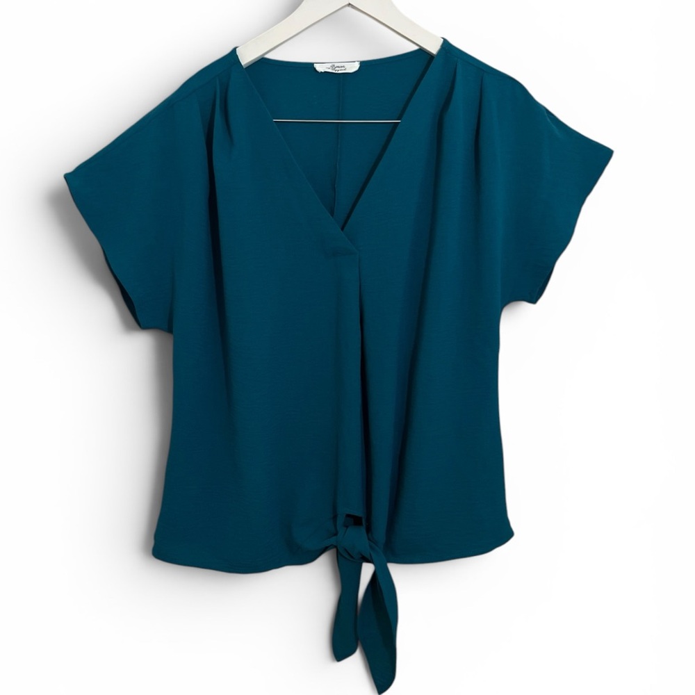 Beacon Teal Tie-Front V-Neck Blouse